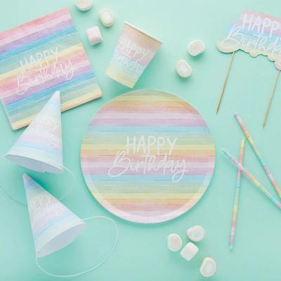 China Disposable Eco-friendly Pastel Party Decorations and Supplies Rainbow Birthday Eco Paper Plates Cup Napkin Banner for sale