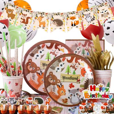 China Paper Woodland Animal Party Tableware Supplies Set Plates Cups Table Cover Napkins Serves 20 Guests Party for sale