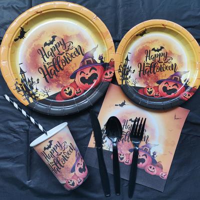 China Halloween Party Disposable Halloween Party Tableware Eco-friendly Happy Set Supplies Paper Plate Cup Napkin Table Cloth for sale