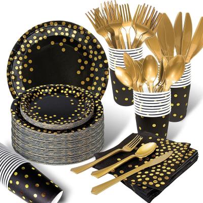 China Disposable Eco-Friendly Black and Gold Dot Disposable Party Supplies Dinnerware Set for Retirement Graduation Party Decoration for sale