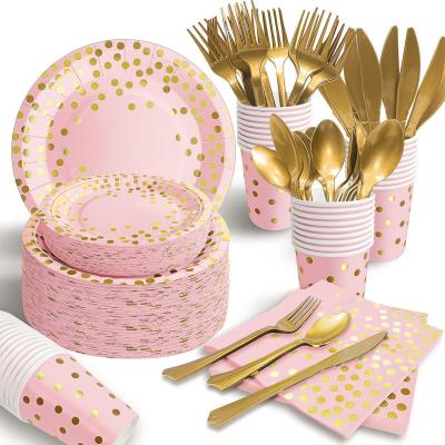 China Disposable Eco-Friendly Pink and Gold Dot Disposable Party Supplies Dinnerware Set for Retirement Graduation Party Decoration for sale