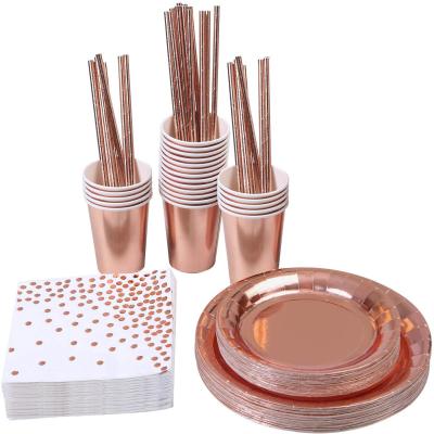 China Disposable Eco-friendly Rose Gold Party Supplies Tableware Foil Paper Plates Napkins Cups Straws for Weddings Birthday for sale