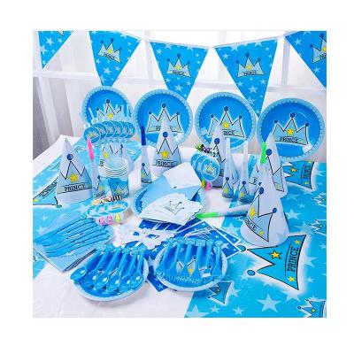 China Disposable Eco-Friendly Blue Crown Theme Decoration Boy Birthday Party Supply Sets Plates Cups Party Decorations Supplies for sale