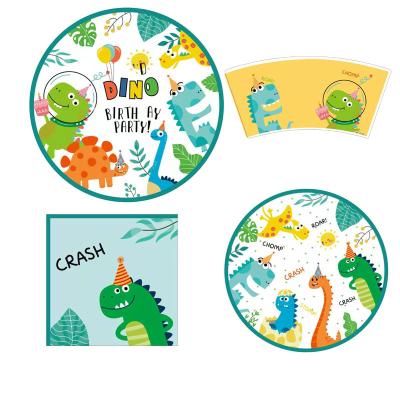 China New Dinosaur Theme Party Paper Supplies Set Custom Party Dinnerware Happy Birthday Disposable Dishes for sale