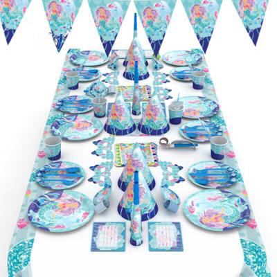 China Wholesale Beautiful Colorful Mermaid Party Tableware Set Happy Birthday Party Supplies Tableware Birthday Set for sale