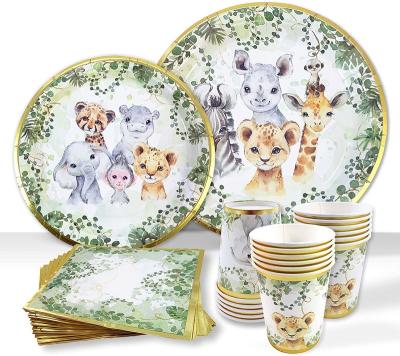 China 25 Guests Baby Shower Party Paper Birthday Supplies Disposable Dinnerware Set Zoo Theme Dinnerware Set for sale