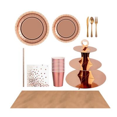 China Disposable Eco-Friendly Rose Gold Party Supplies Birthday Decorations For Wedding Party Set Table Cloth Plates Tableware for sale