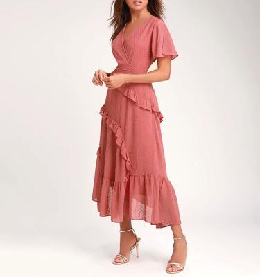 China Dot Wrap Anti-Static Swiss V-Neck Short Sleeve High Slit Ruffled Asymmetrical Tendril Midi Dresses Women for sale