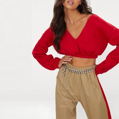 China Hot Sale Anti-Wrinkle Terry Drop Shoulder French V-Neckline Elastane Hem Cropped Sweatshirts Women for sale