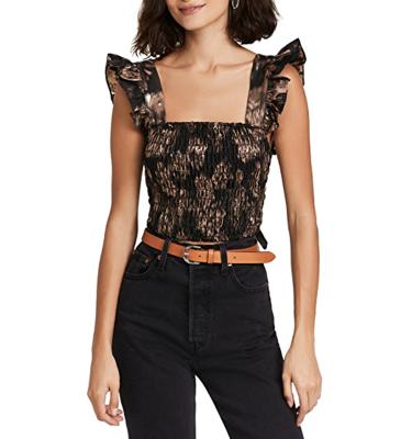 China Anti-pilling Floral Print Soft Frill Ties Smocked Ruffles Cropped Top Short Blouse Women for sale