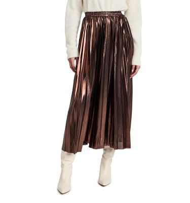 China New Arrival Anti-Static Shiny Metal Elastic Waist High Pleated Midi Skirt Women for sale