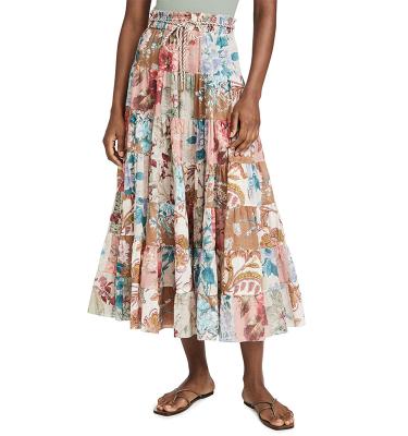 China Anti-Static Bamboo Woven Floral Print Smocked High Waist Tendril Ruffled Maxi Skirt Women Tiered for sale