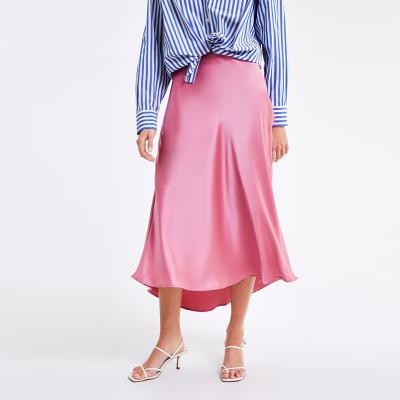 China New Fashion Anti-Static Solid Waist Satin Midi Skirts Women Office Irregular Ladies for sale