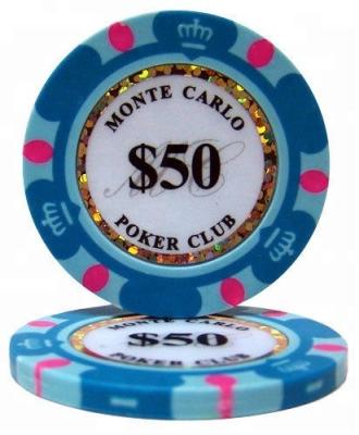 China Clay Light Blue $50 Monte Carlo Casino Clay Poker Chips for sale