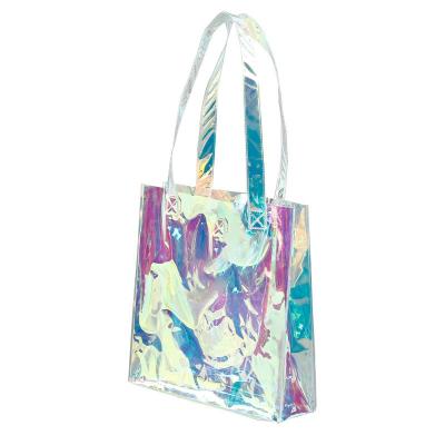 China Factory fashion factory logo laser clear shoulder glitter BIODEGRADABLE custom clear tote holographic PVC shopping bag with handle for sale