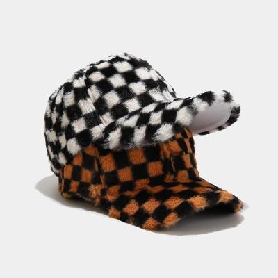 China COMMON Wholesale Fashion Vintage High Quality 6 Panel Women Fur Plaid Winter Sport Outdoor Baseball Hat for sale