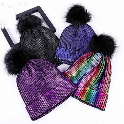 China JOINT Wholesale New Fashion Premium Quality Pom Pom Satin Striped Wool 3D Embroidery Designer Women Knitting Winter Beanies Hats Custom Made for sale