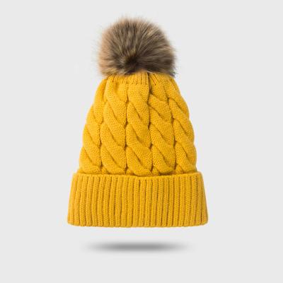 China Wholesale COMMON High Quality White Logo Wool Ski Knitted Knitted Beanie Winter Custom Embroidered Hat With Pompom for sale