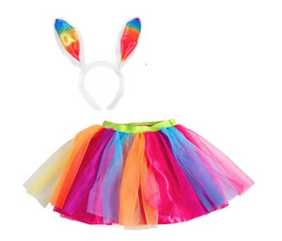 China wholesale hot sale Anti-wrinkle rainbow color baby tutu skirt set with ear headband tie and solid bow girl ballet tutu skirt for party for sale