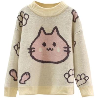 China Cute Girls' O-Neck Long Sleeve Cat Pattern Jacquard Computer Knitted Pullover Sweater Customized Anti-Shrink for sale