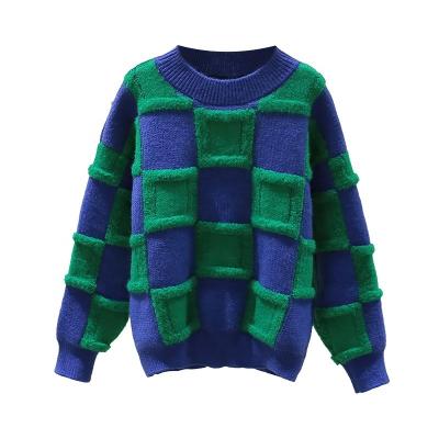 China Customized Kids and Girls O-Neck Anti-Shrink Long Sleeved Sweater with Plaid Pattern Jacquard Computer Knit Character Sweater for sale