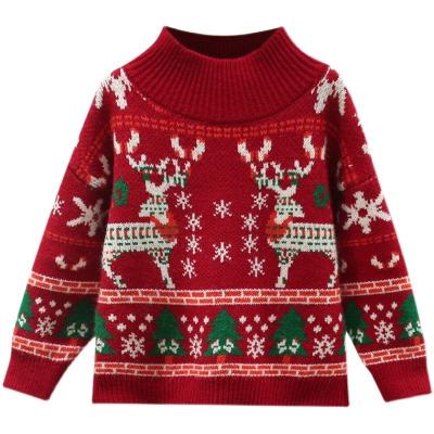 China Kids And Girls Half High Neck Long Sleeve Anti-Shrink Customized Sweater With Deer Pattern Jacquard Computer Knitted Christmas Pullover for sale