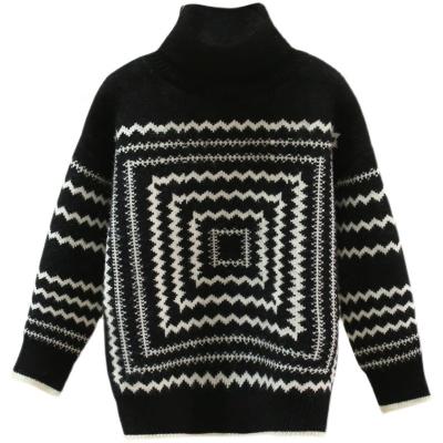 China Children's Girls Knitted High Neck Geometric Character Sweater Half Long Sleeve Anti-Shrink Computer Jacquard Pattern Sweater for sale