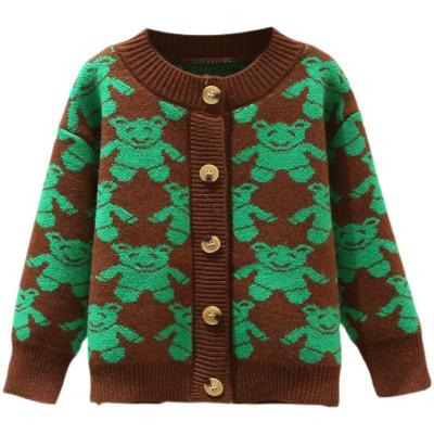 China Customized Kids and Girls Anti-Shrink O-Neck Long Sleeve Sweater with Little Bear Pattern Computer Knitted Jacquard Vintage Cardigan for sale