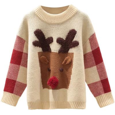 China Girls' O-Neck Long Sleeve Plaid Cute Deer Customized Anti-Shrink Pattern Computer Knitted Jacquard Pullover Sweater for sale