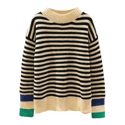 China Black And White Customized Girls O-Neck Drop Shoulder Drop Shoulder Stripe Long Sleeve Knitted Vintage Pullover Sweater Kids Anti Shrink for sale