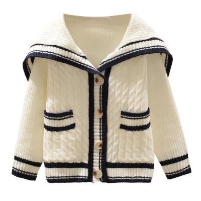 China Customized Girls Navy Neck Sleeve Pocket Blue Stripe Kids Anti Shrink Long White Knitted Vintage Cardigan Sweater for sale