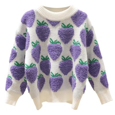 China Cute Kids and Girls O-neck Fruit Strawberry Pattern Computer Knitted Long Sleeve Vintage Sweater Anti-Shrink Customized Sweater for sale