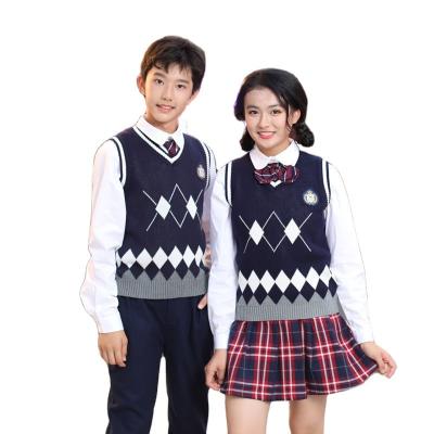 China Custom Hot Sales Boys and Girls School Uniform Sweater V-Neck Sweater V-Neck Sweater Navy Bule Color Sweater OEM&ODM Sweater Anti-Shrink Knitwear for sale