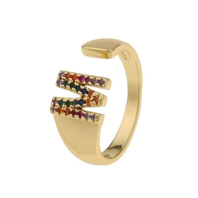 China FASHION Trendy 18K Gold Plated Cubic Zircon Initial Letter Rings CZ 26 Alphabet Letter Colorful Adjustable Rainbow Rings for sale