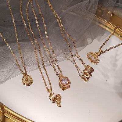 China Romantic Real 14K Gold Plated Statement Stainless Steel Titanium Zircon Necklace Sets Pearl Mermaid Colorful Cross Heart Key Necklaces for sale