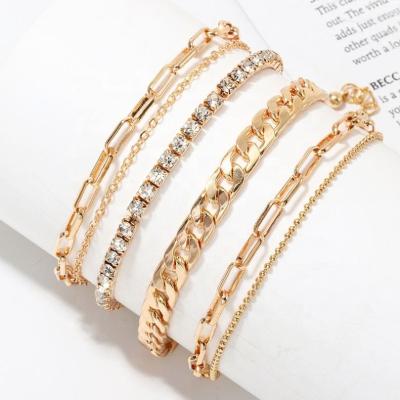 China New Trendy Faux Stone Crystal Tennis Chain Anklet Set 6Pcs/Set Multilayers Cuban Link Full Ankle Bracelet For Women for sale