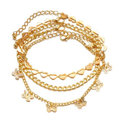 China TRENDY 3pcs Boho 18K Gold Plated Layered Heart Chain Link Anklet Bracelet Gold Metal Butterfly Charm Anklet Set for sale