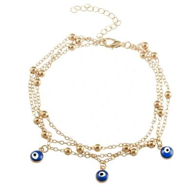 China Wholesale BOHEMIA Three Layer 18k Gold Blue Eye Ankle Chain Bracelet Turkey Evil Eye Chain Anklet For Women for sale