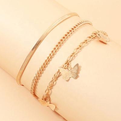 China Fashion 3 Pcs Shape Butterfly Ankle Chain Bracelet Luxury Gold Plated Cuban Link Layered Anklet For Women Jewelry for sale