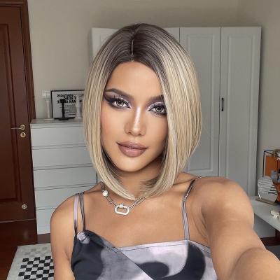 China New Arrival Fashion Style Short Synthetic Wig Long Part Lace Synthetic Wigs Short Dark Root Blonde Wigs for sale