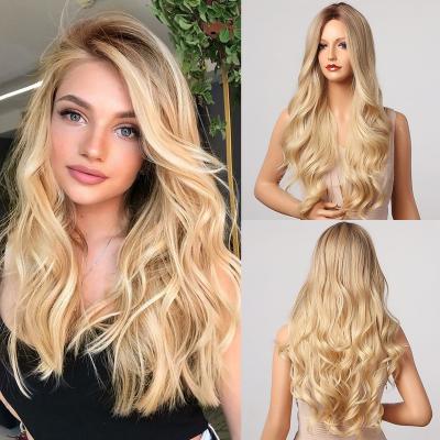 China Long Curly Synthetic Wig Ombre Blonde Middle Parting High Temperature Fiber Synthetic Hair Wigs For Black White Women for sale