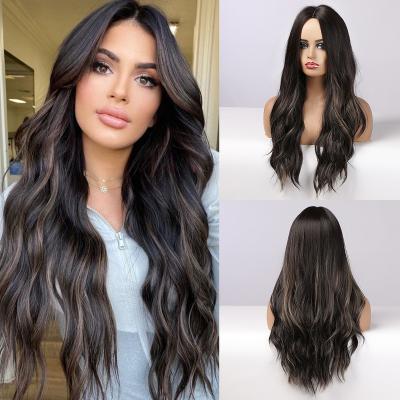 China Curl 24 Inch Long Brown Highlight Dark Brown Synthetic Wigs For Women Hair Natural Wavy Wigs Cosplay Heat Resistant Female Wig for sale