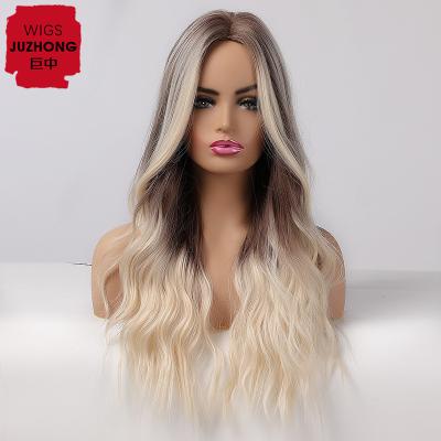 China Long Blonde Black Brown Wigs 26 Inch Daily Curly Hair Girl Hair Natural Brown Color Light Gold Gradient Synthetic Wigs For White Women JUZHONG WIGS for sale