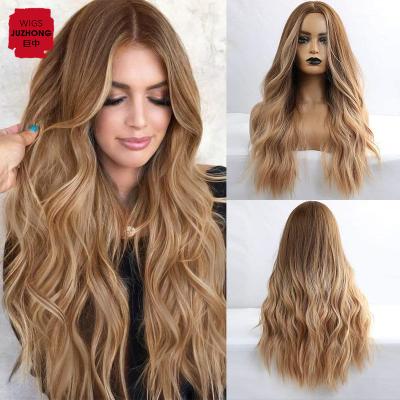 China Long Medium Synthetic Wig Hair Middle Part Wigs For Women Ombre Color Brown To Light Brown Curly Hair Synthetic Wig for sale