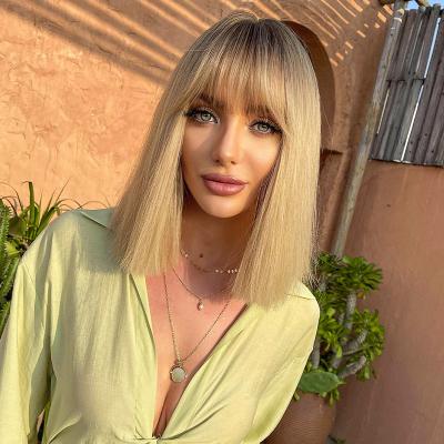 China Short Synthetic Wig Short Ready To Wear Synthetic Wigs Silky Dark Root Blonde Hair Wigs With Bangs For Daily Part for sale