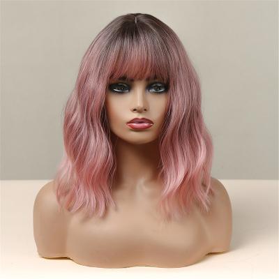 China Short Synthetic Dark Hair Wigs Cosplay Pink Root Peruki Wig Water Wave Water Wave Wigs With Bangs For Cosplay Party for sale