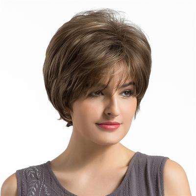 China Synthetic Short Bob Layered Hair Wigs Honey Brown Short Natural Hair Wigs For Women Heat Resistant for sale