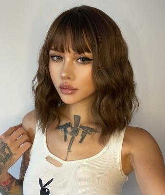 China Short Synthetic Wig Peluca Fiber Hair Brown High Temperature Heat Resistant Water Wave Wigs With Bangs for sale