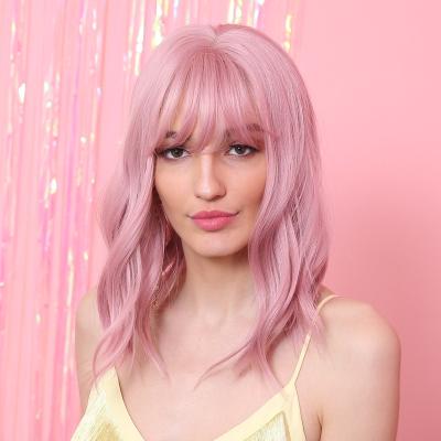 China Wholesale Cheap Short Wavy Pink Bob Synthetic Wigs Hot Sale Short Synthetic Wig With Bangs For Women Coaplay Party Heat Resistant for sale