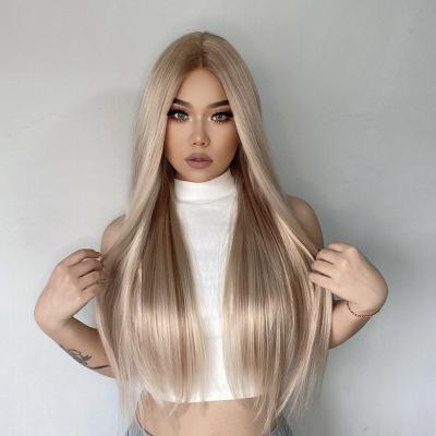 China Styled Easily 28 Inches Top Selling Lace Up Long Blonde Synthetic Hair Frontal Wigs For White Women for sale